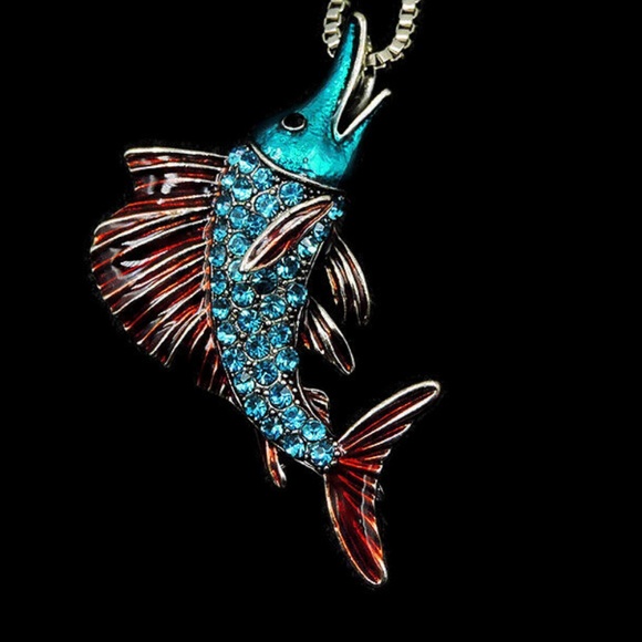 Aqua Rhinestone Sailfish Pendant Brooch NWT - Picture 2 of 3